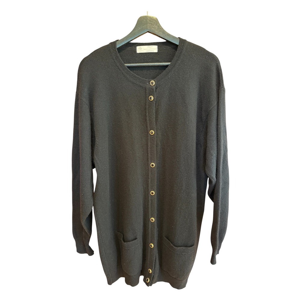 VTG St Michael Marks & Spencer Black Lambswool Longline Cardigan Gold Buttons XL